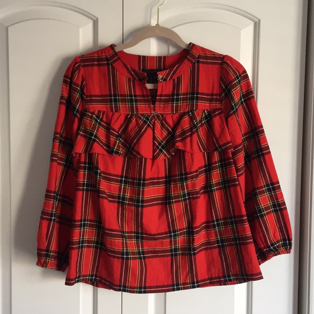 J. Crew red plaid flannel shirt with ruffles